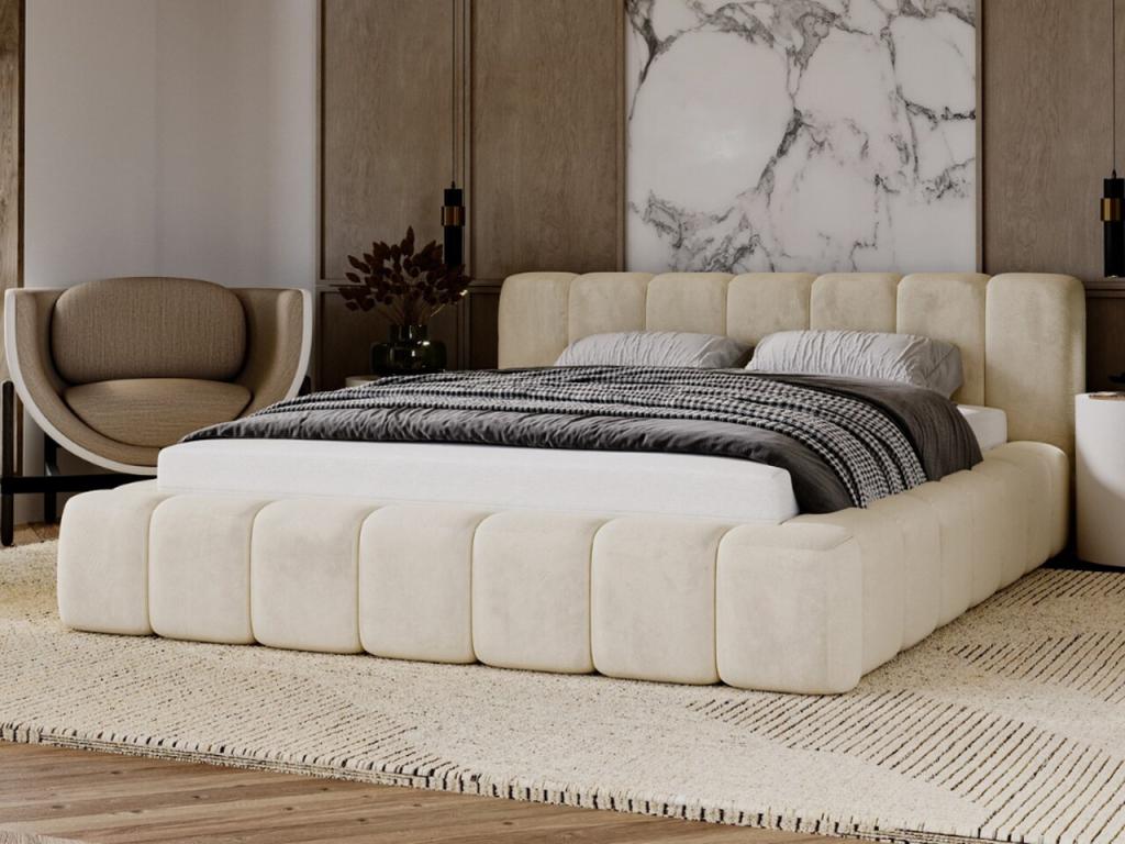 Lit rembourré avec rangement - 160x200 - lit double - velours - crème - Nidchicshop 96510ERWG
