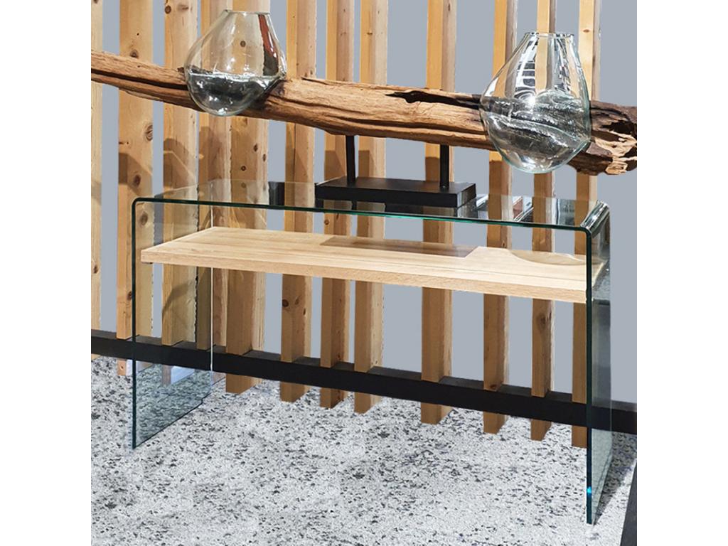 Console en verre trempé L- 125 cm étagère décor chêne clair - Calmetop 60369WBQX