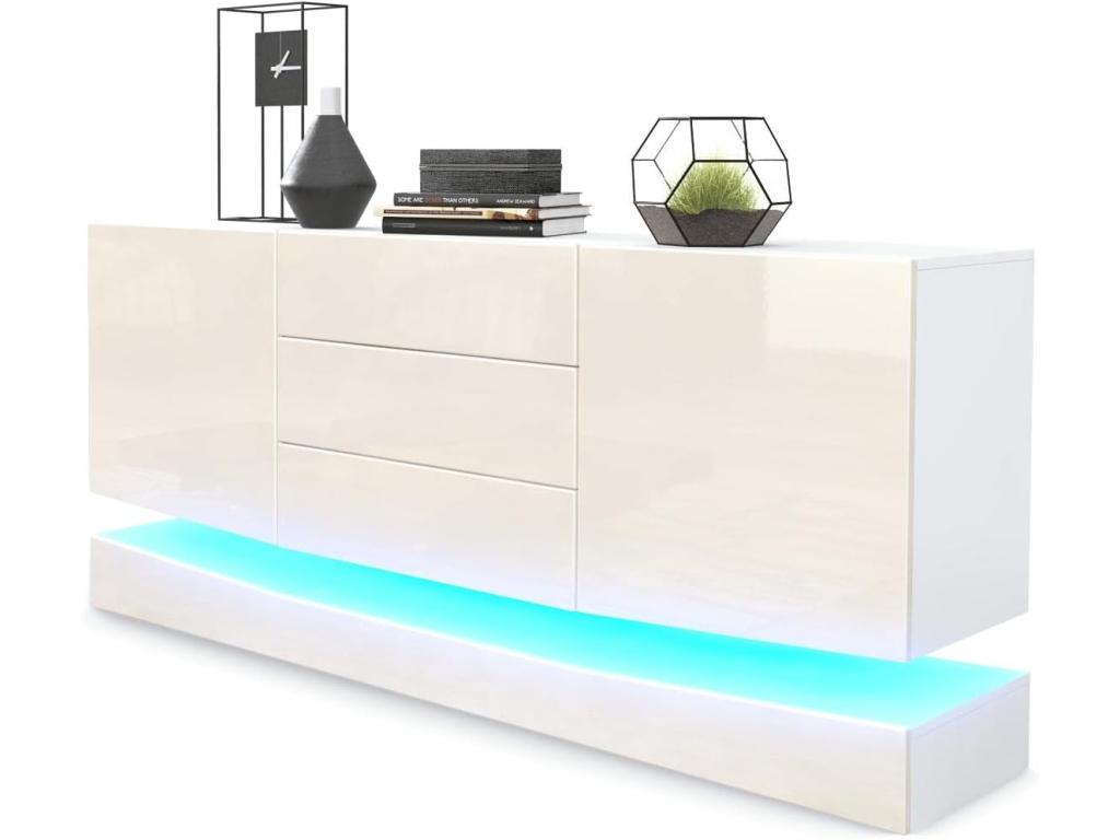 Buffet Blanc Et Crème Corps Mat Et Façade Haute Brillance Avec Éclairage LED Rgb 14496RMQL