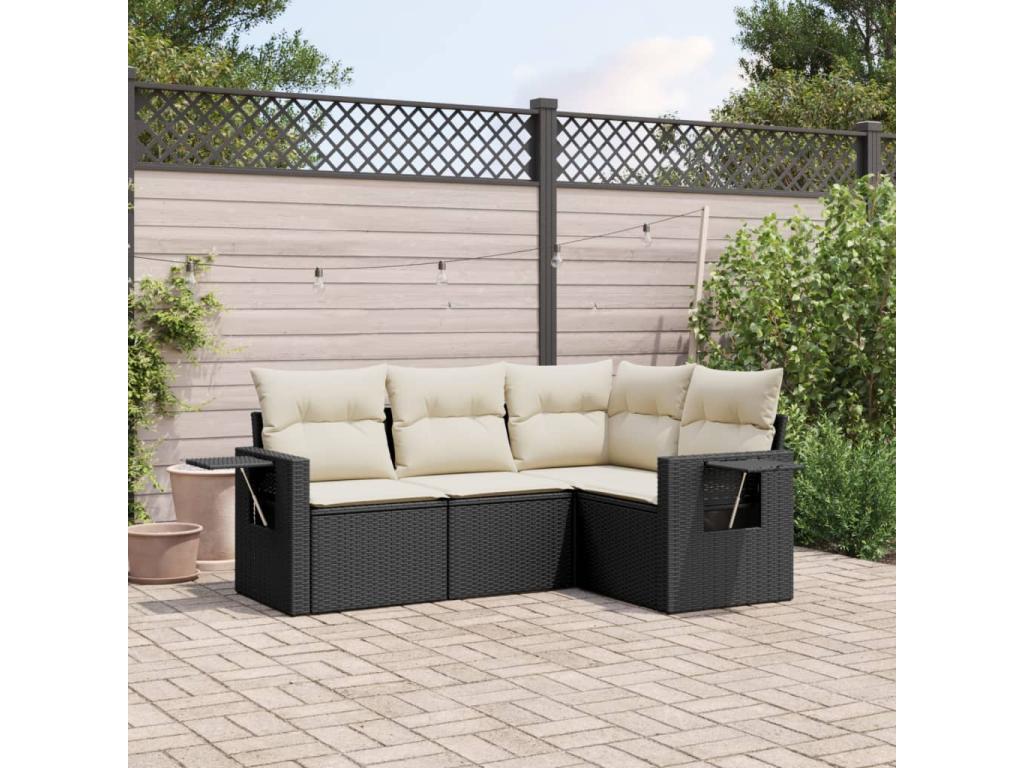 Salon de jardin 4 pièces avec coussins noir résine tressée 26590DKFG