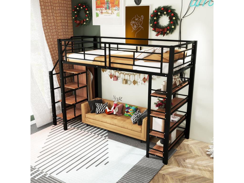 Lit mezzanine en métal 90x200 cm avec étagères de rangement et petite penderie - escalier de sécurité - noir 20410XHGM