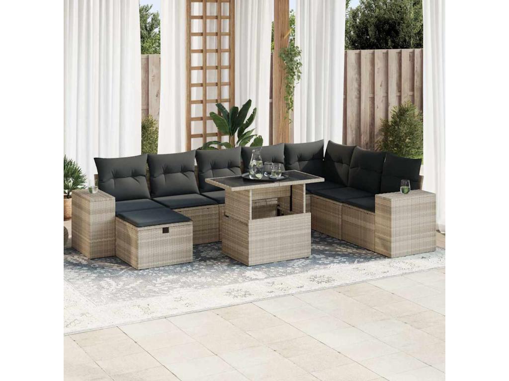 Salon de jardin 9 pcs avec coussins gris clair résine tressée 91549NSSM