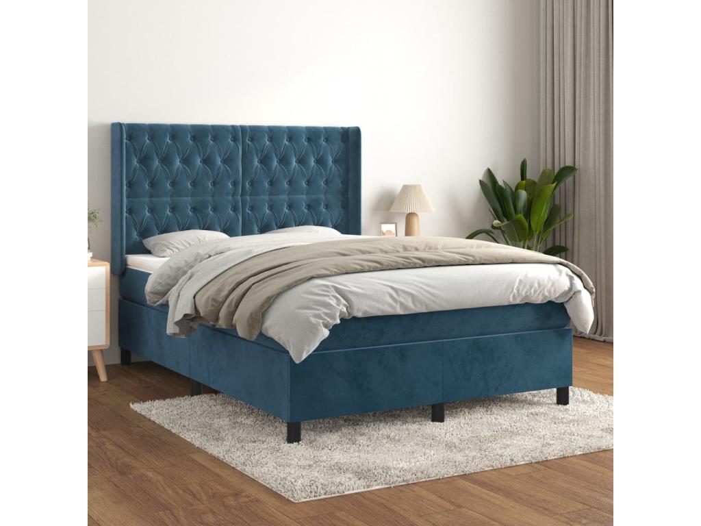 Lit à sommier tapissier et matelas Bleu foncé 140x190cm Velours 55693YMYN