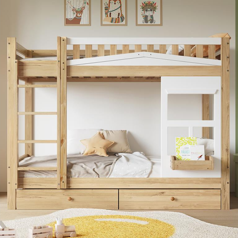 Lit superposé pour enfants 90x200 cm avec rails de fenêtre rails anti-chute robustes deux tiroirs sur Calmetop pin Calmetop blanc naturel 46844YORC