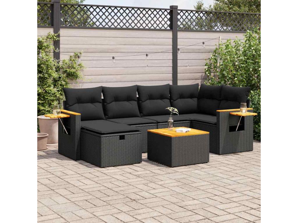 Salon de jardin 7 pièces avec coussins noir résine tressée 04846OBKM