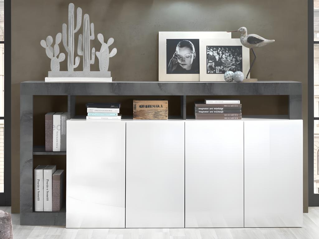 Buffet Nidchicshop - 4 portes et 4 niches - Blanc laqué et béton 93298ALGC