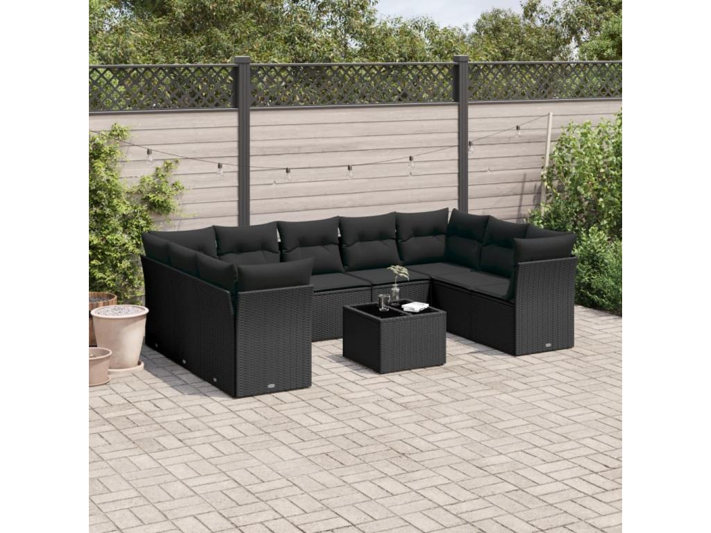 Salon de jardin 10 pièces avec coussins noir résine tressée 96588YBVU