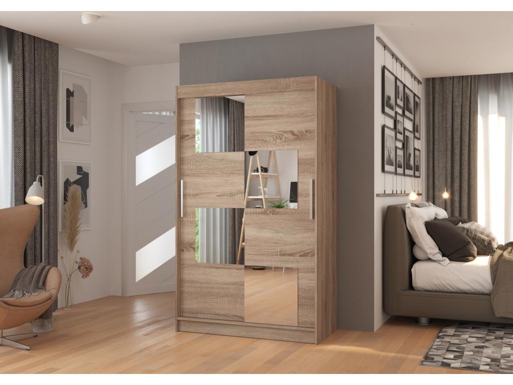 Petite armoire de chambre 2 portes coulissantes bois truffe et 4 miroirs Luko 120cm 34437WFNJ