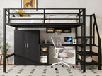 Lit mezzanine 140x200 cm en métal - avec bureau、penderie et échelle de rangement - Noir 69807TVOM