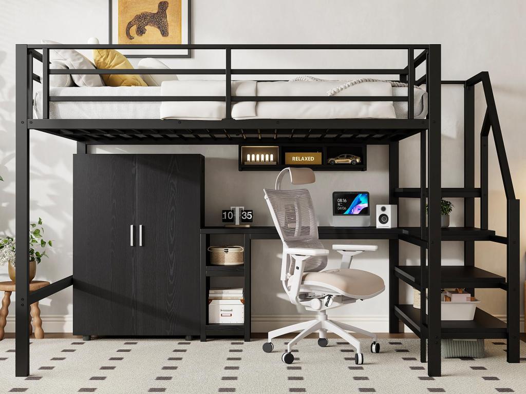 Lit mezzanine 140x200 cm en métal - avec bureau、penderie et échelle de rangement - Noir 69807TVOM