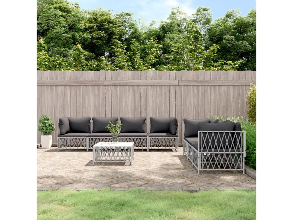 Salon de jardin 8 pièces avec coussins blanc acier 31030MLRO