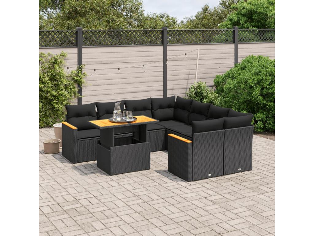 Salon de jardin 9 pièces avec coussins noir résine tressée 08095KJFM