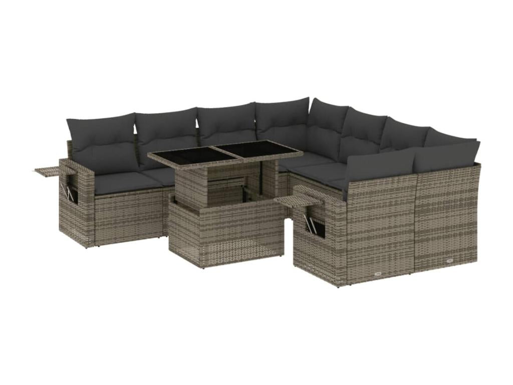 Salon de jardin 9 pièces avec coussins gris résine tressée 14925PLIH