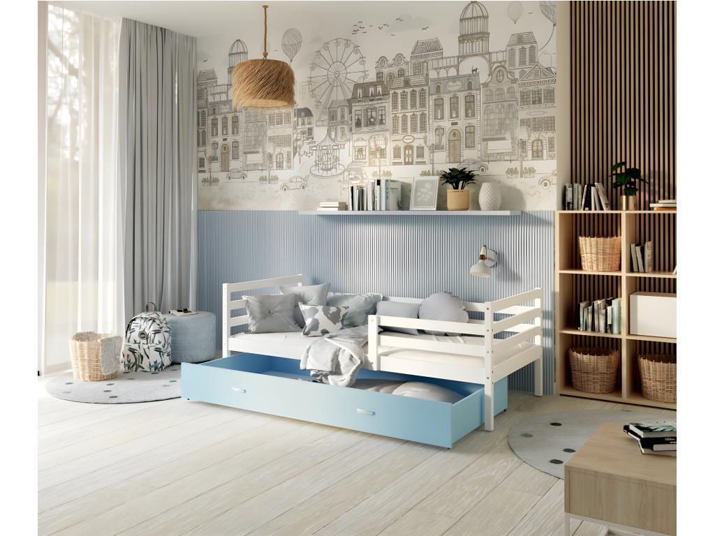 Lit Enfant Calmetop 90x190 Blanc - bleu Livré avec sommiers tiroir et matelas en mousse de 7cm 00834VNFQ
