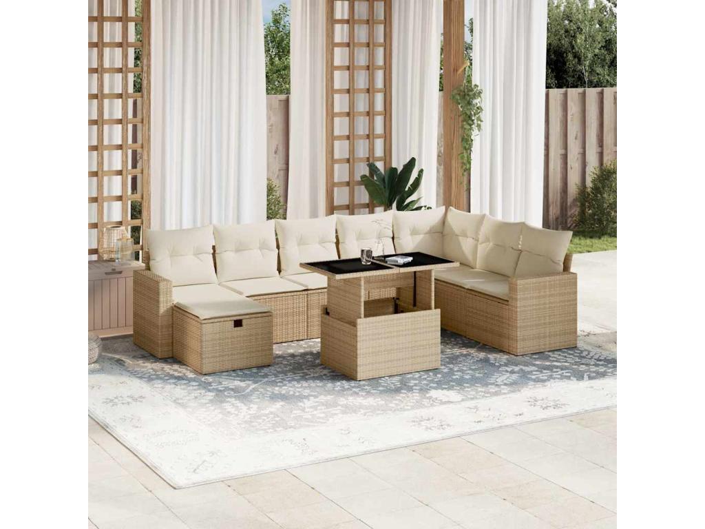 Salon de jardin avec coussins 9 pièces beige résine tressée 97643YZTS