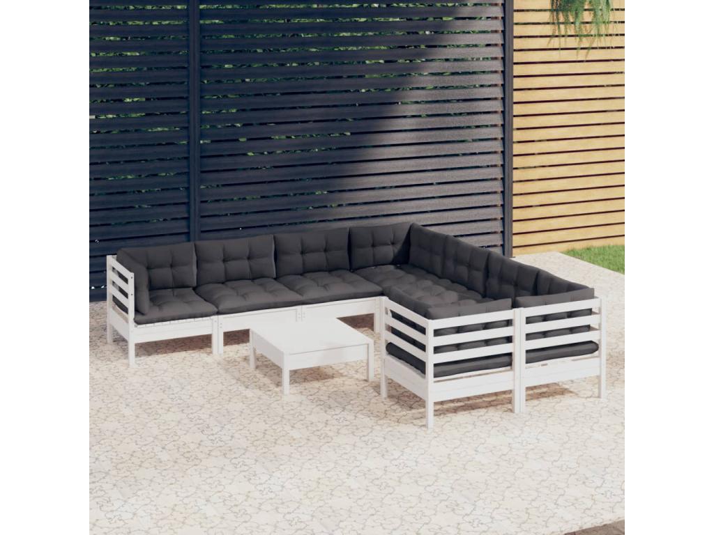 Salon de jardin 9 pcs avec coussins blanc bois de pin 29991ZAQA