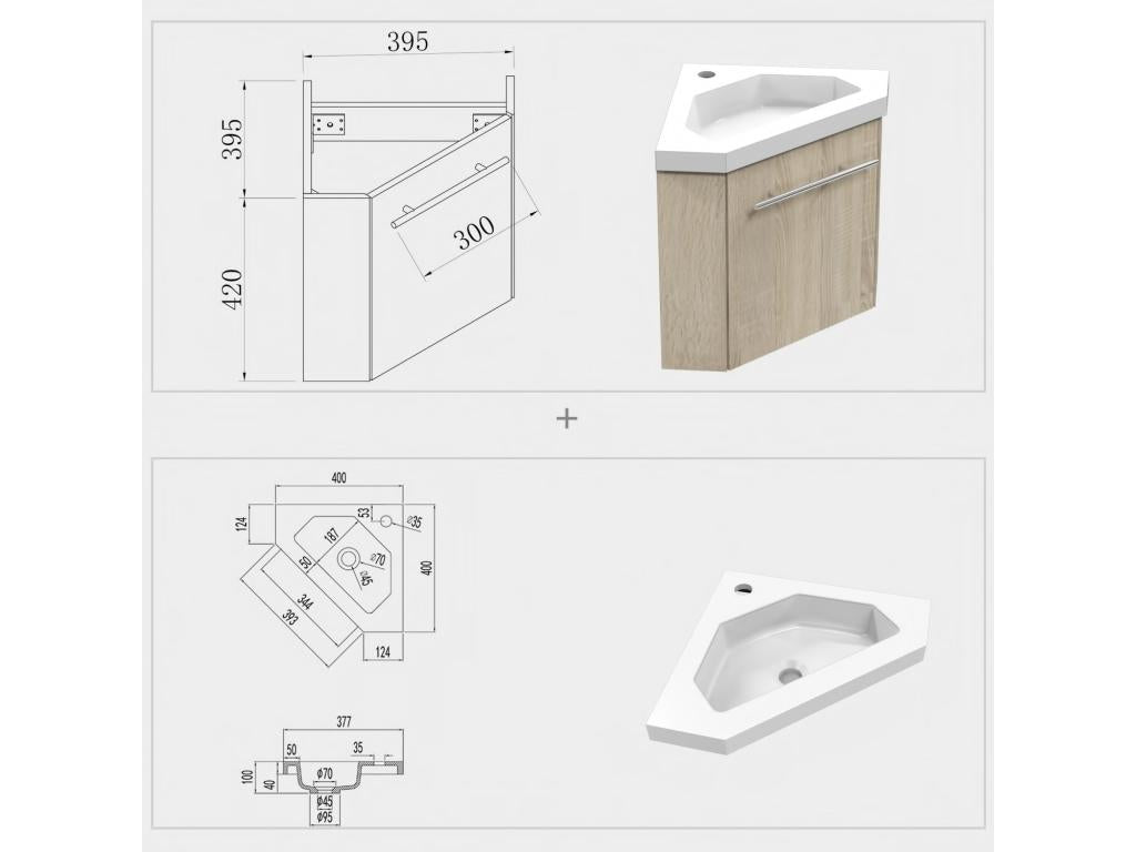 Meuble de rangement de salle de bain Meuble sous vasque d'angle Bois 40 cm Calmetop 93548NWZJ