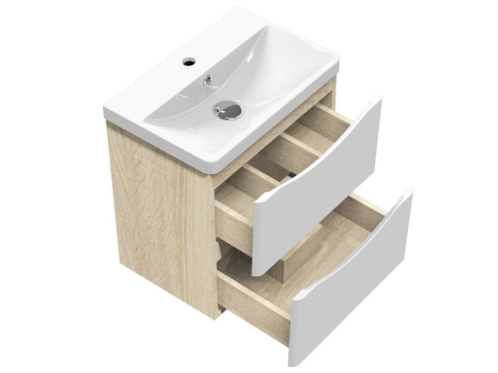 Meuble salle de bain 49,5x34,5x50cm 2 tiroirs meuble suspendu avec la vasque blanc et bois 07237GIGE