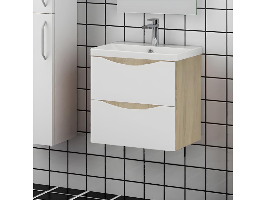 Meuble salle de bain 49,5x34,5x50cm 2 tiroirs meuble suspendu avec la vasque blanc et bois 07237GIGE