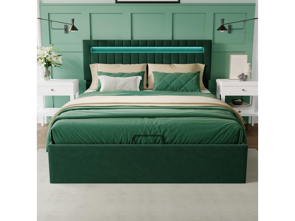 Lit Coffre 140x200cm - Rangement et éclairage LED - Sommier à Nidchicshop - Tête de Lit réglable - Vert 57949WSHR