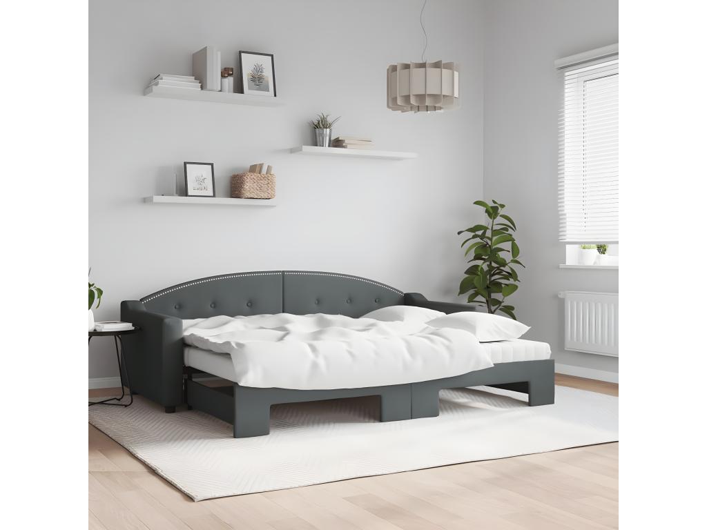 Lit de jour avec gigogne et matelas gris foncé 80x200 cm tissu 08418PSFN