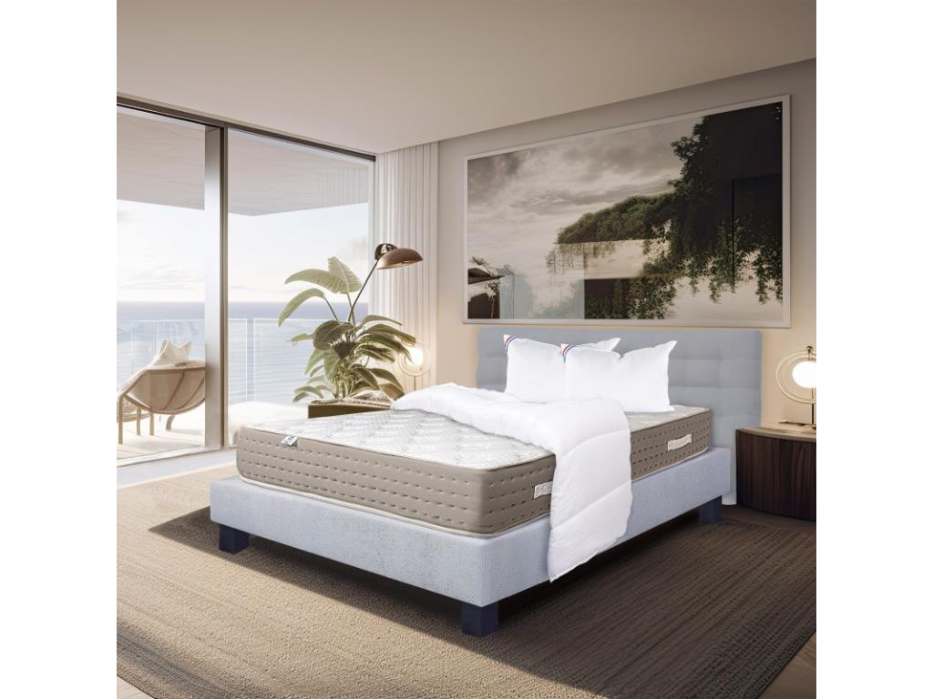Ensemble Matelas Nidchicshop 26cm ressorts ensachés ferme face été/hiver sommier gris ep20cm oreiller couette Tête de Lit 140x200cm 51925IYXN
