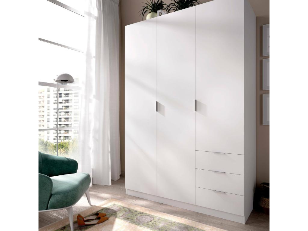 Armoire Nidchicshop Cintre pour chambre à coucher Armoire avec 3 portes battantes et 3 tiroirs 121x52h184 cm Blanc 02097SMBJ